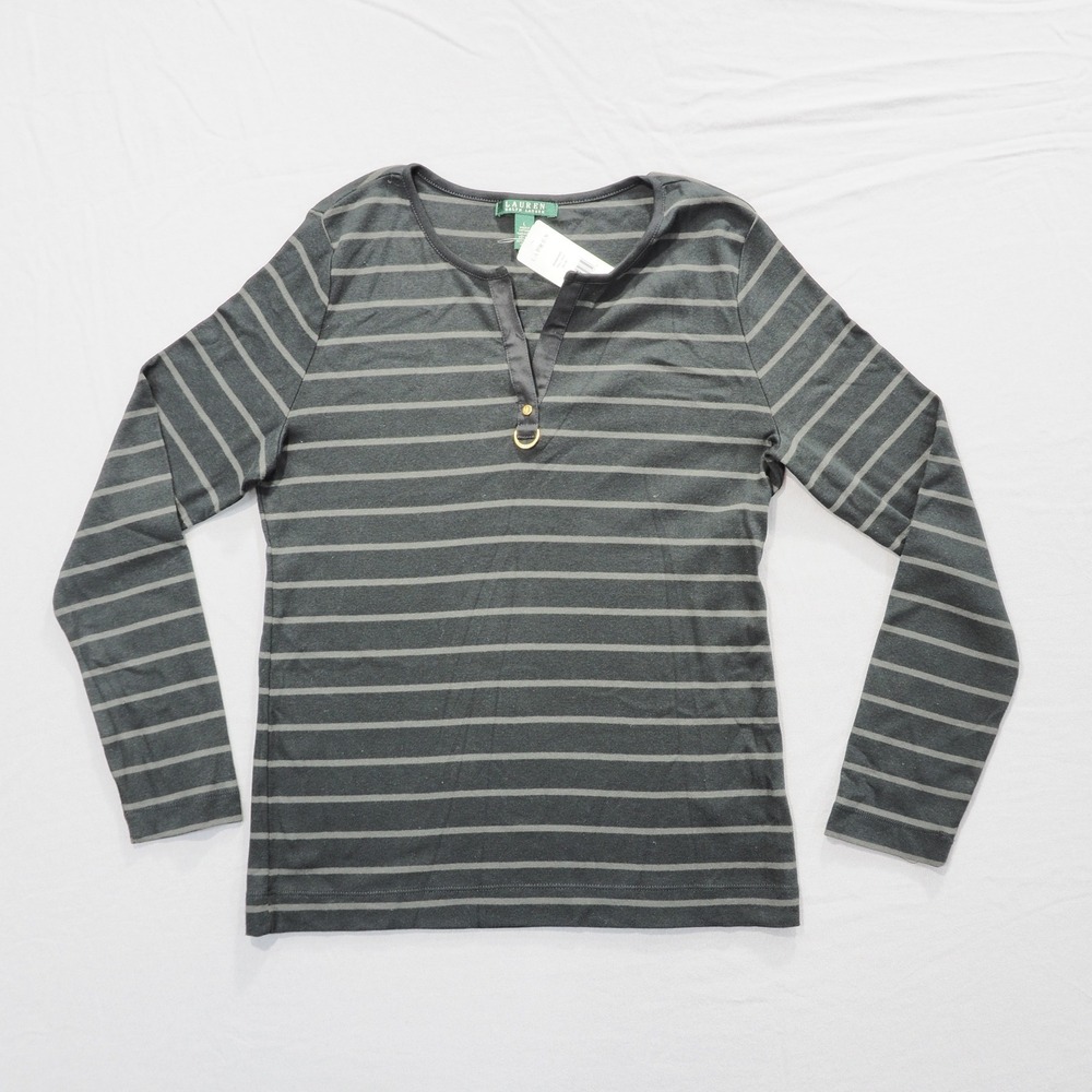 Lauren Ralph Lauren Henley Shirt Womens Large Black Striped Long Sleeve Top Y2K